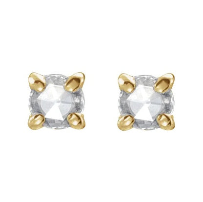 A 14k gold round diamond flat back earrings displayed on a neutral white background.
