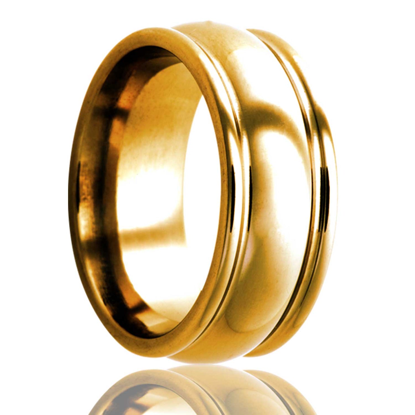 A 10k gold domed wedding band with dual grooves displayed on a neutral white background.