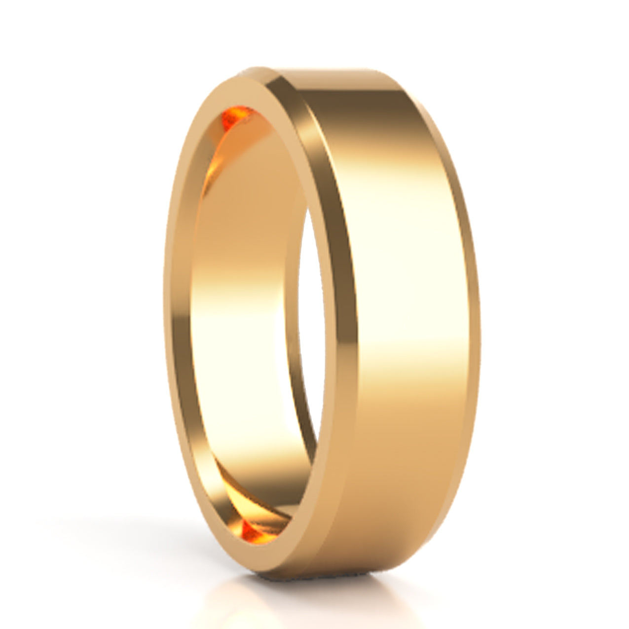 A solid 10k yellow gold classic style wedding band with beveled edges displayed on a neutral white background.