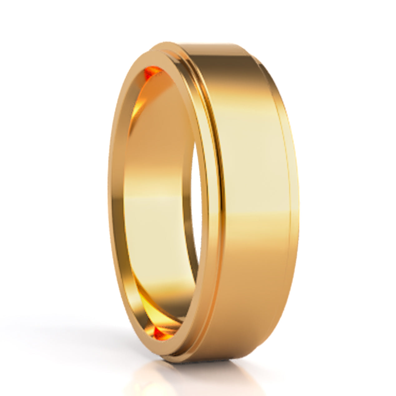 A 10k gold classic style wedding band with stepped edges displayed on a neutral white background.