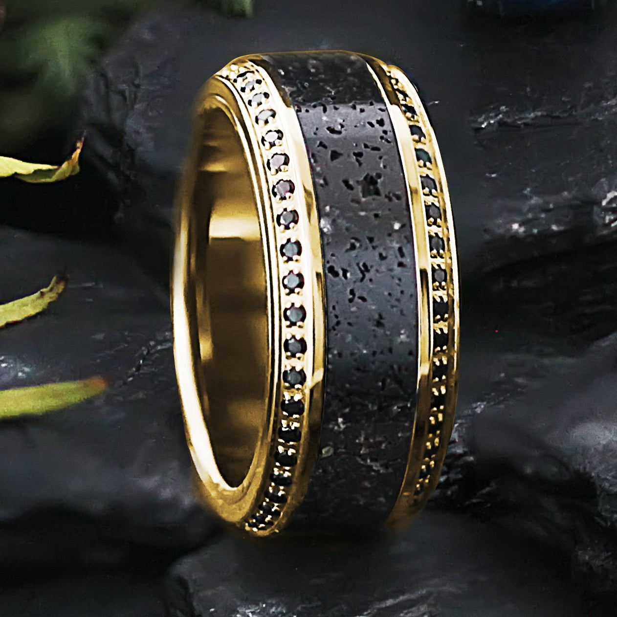 Men's Flat Black Ceramic Milgrain Wedding Ring in White Gold Black Ceramic  10K 7mm Size 10 | MADANI Rings