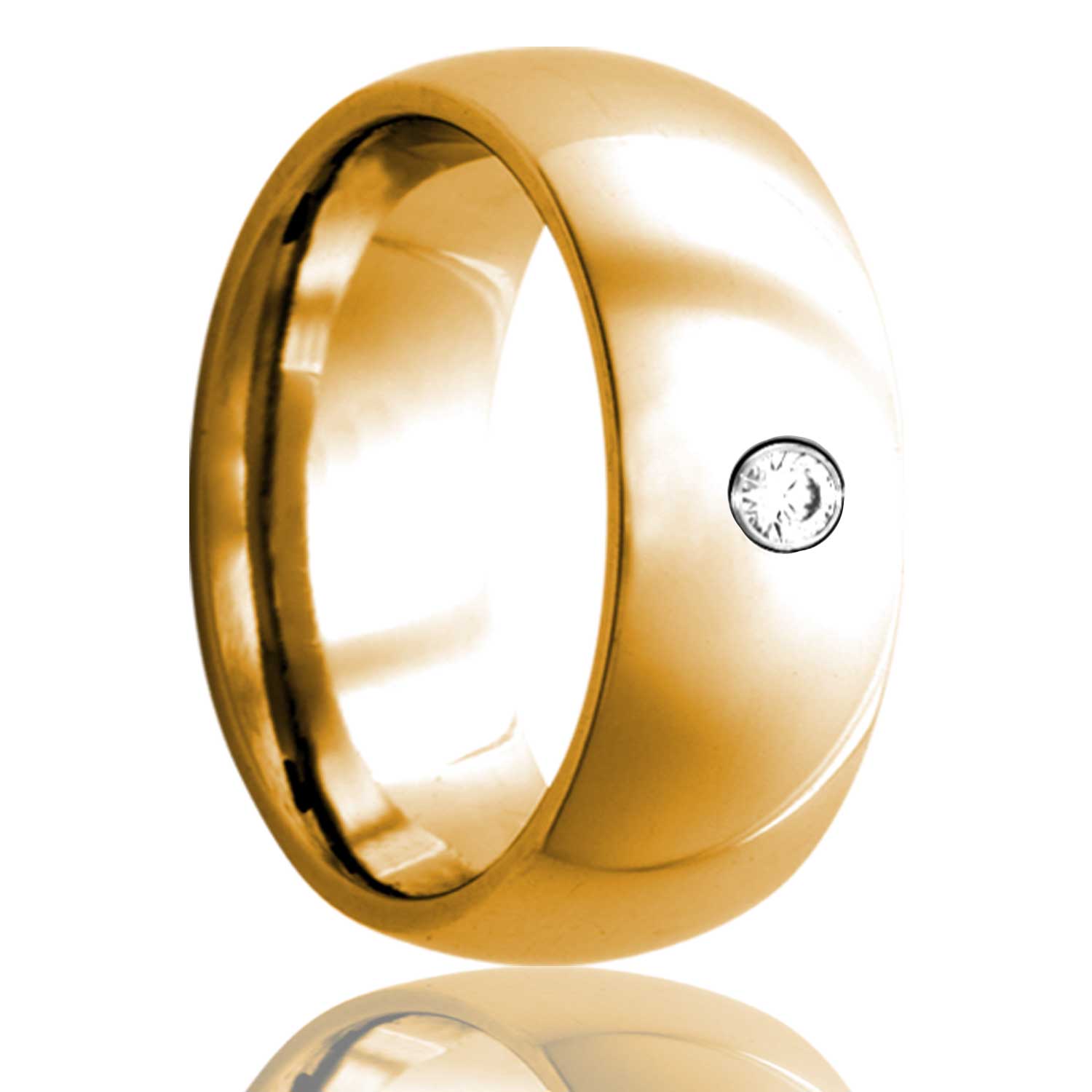 A domed 14k gold wedding band with diamond displayed on a neutral white background.