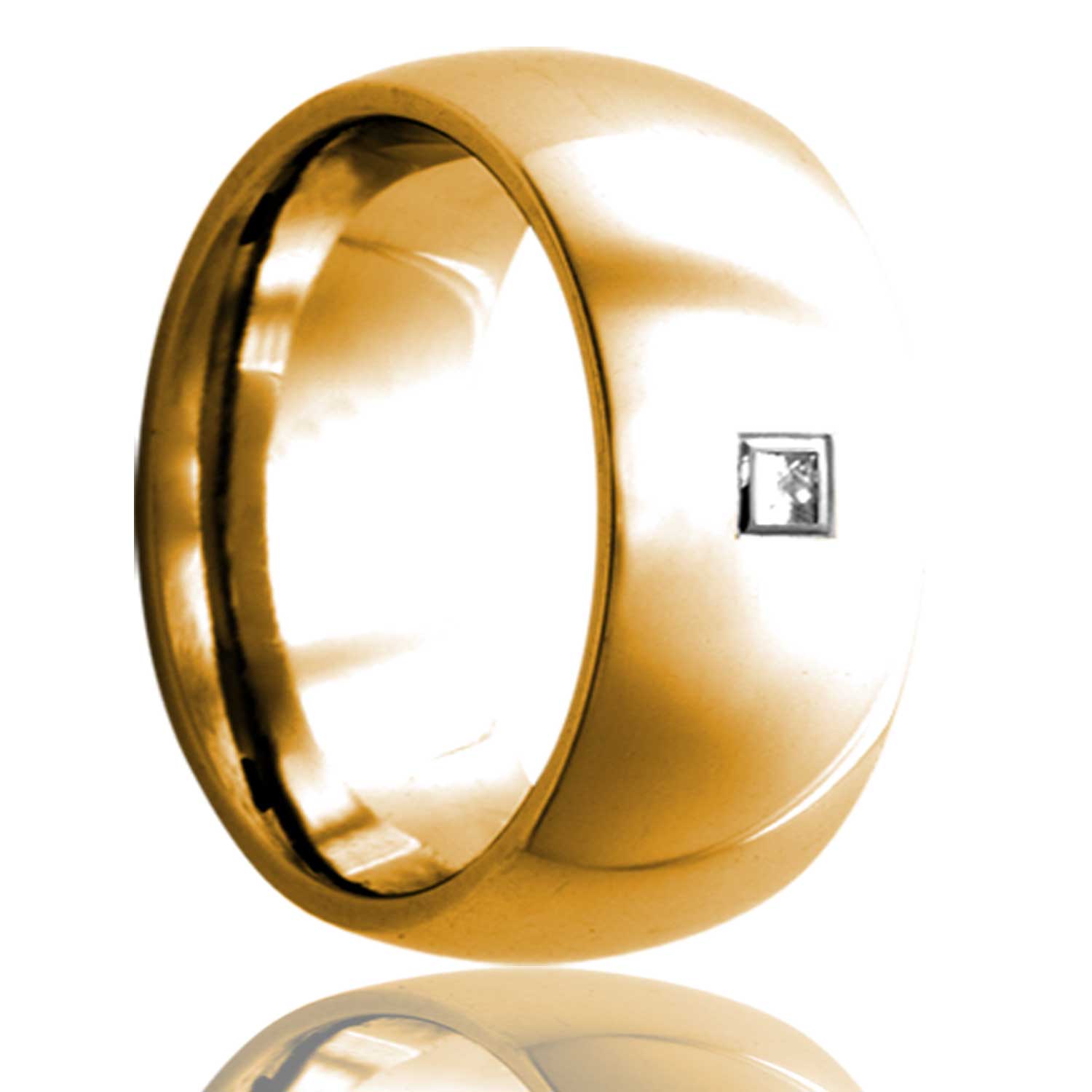 A domed 14k gold wedding band with square diamond displayed on a neutral white background.