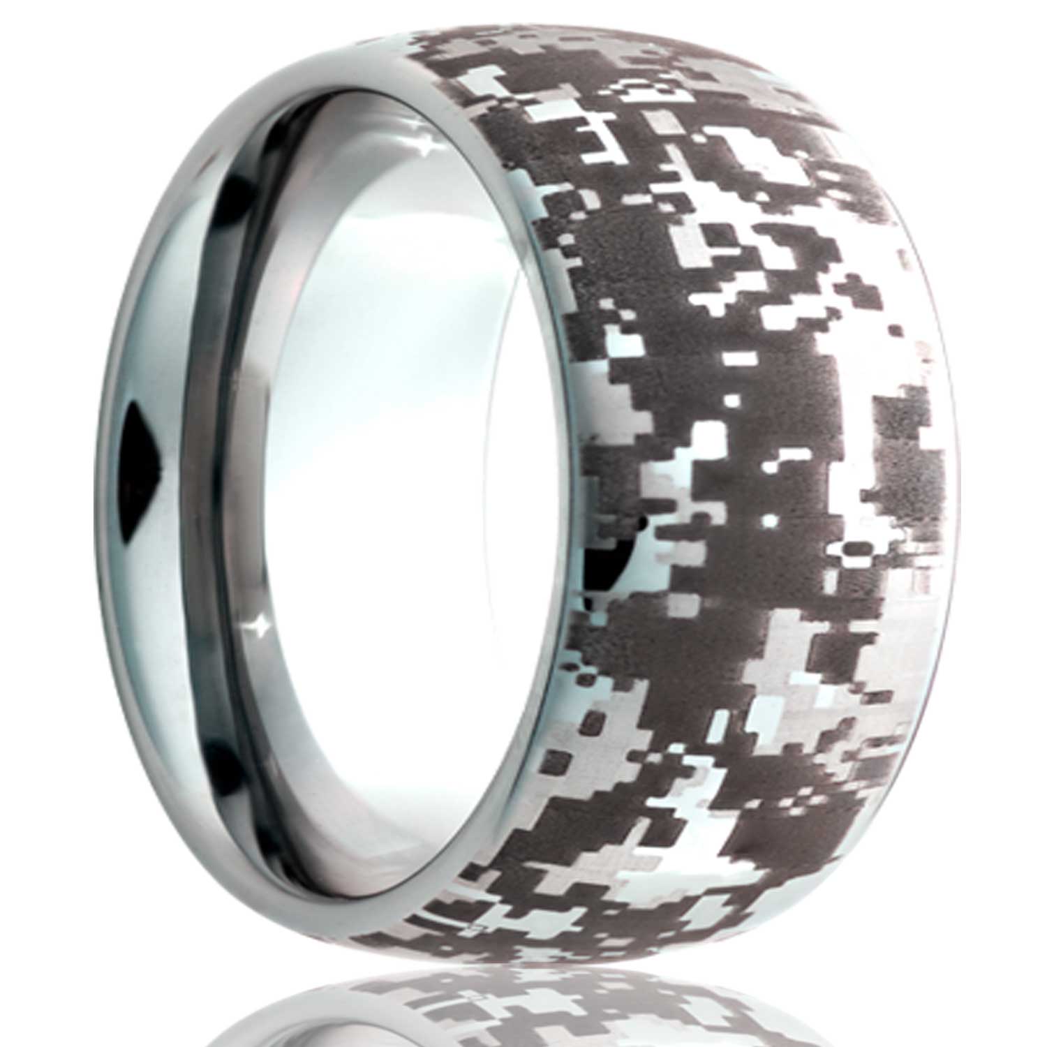 A digital camo domed cobalt wedding band displayed on a neutral white background.