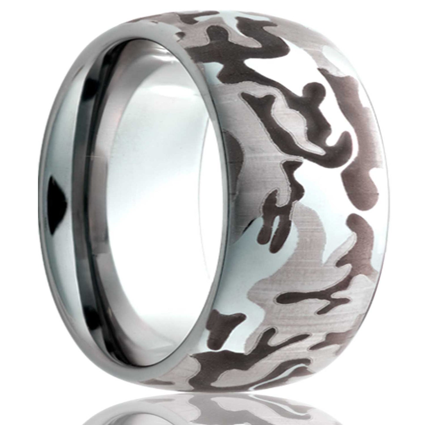 A engraved camo domed cobalt wedding band displayed on a neutral white background.