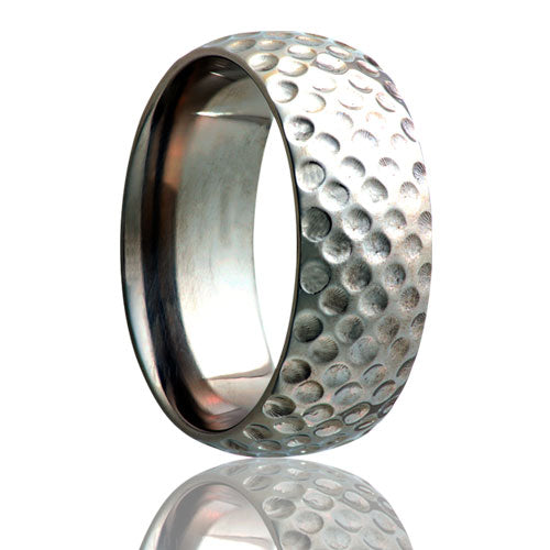 A golf ball domed titanium wedding band displayed on a neutral white background.