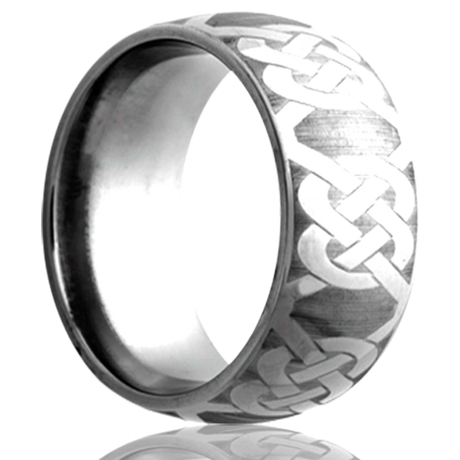 A celtic knot domed tungsten wedding band displayed on a neutral white background.