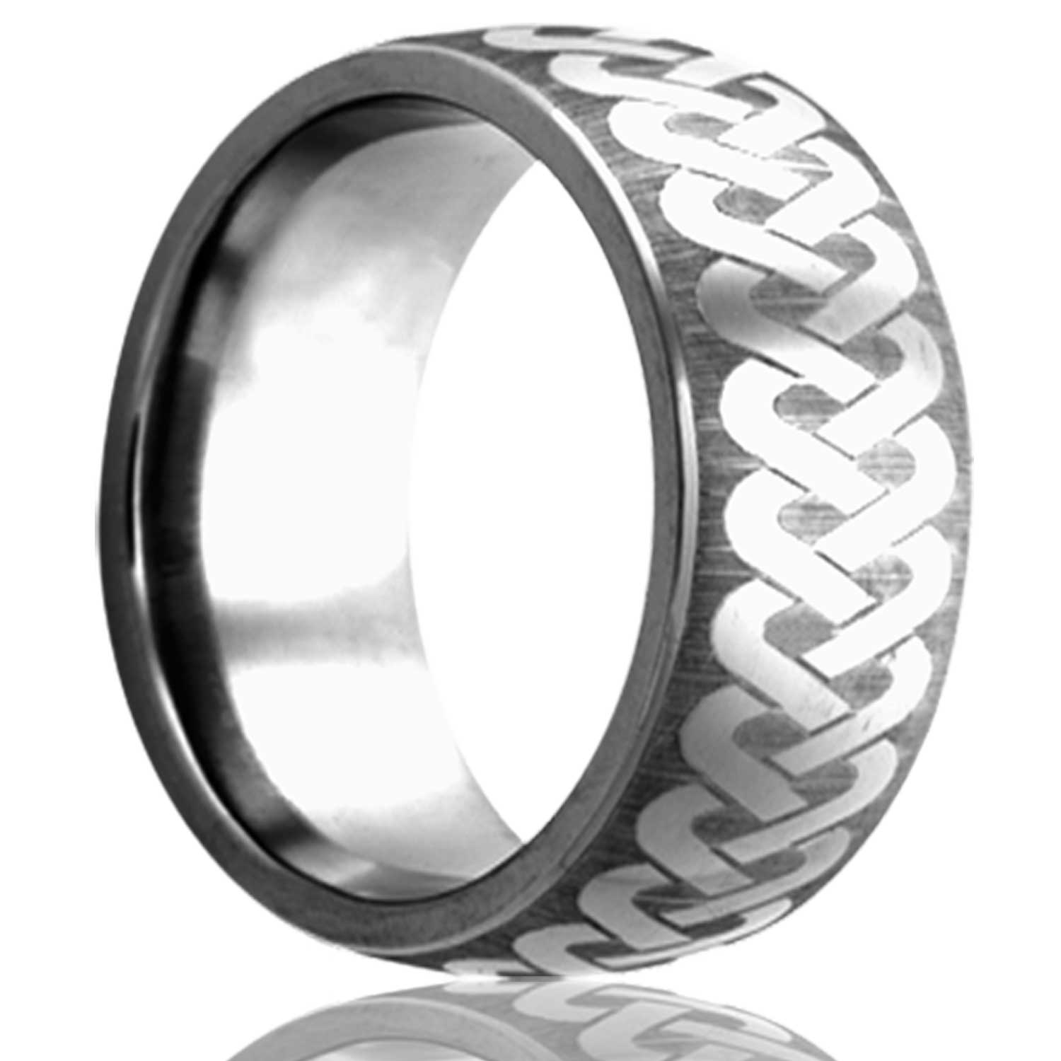 A domed celtic knot tungsten wedding band displayed on a neutral white background.