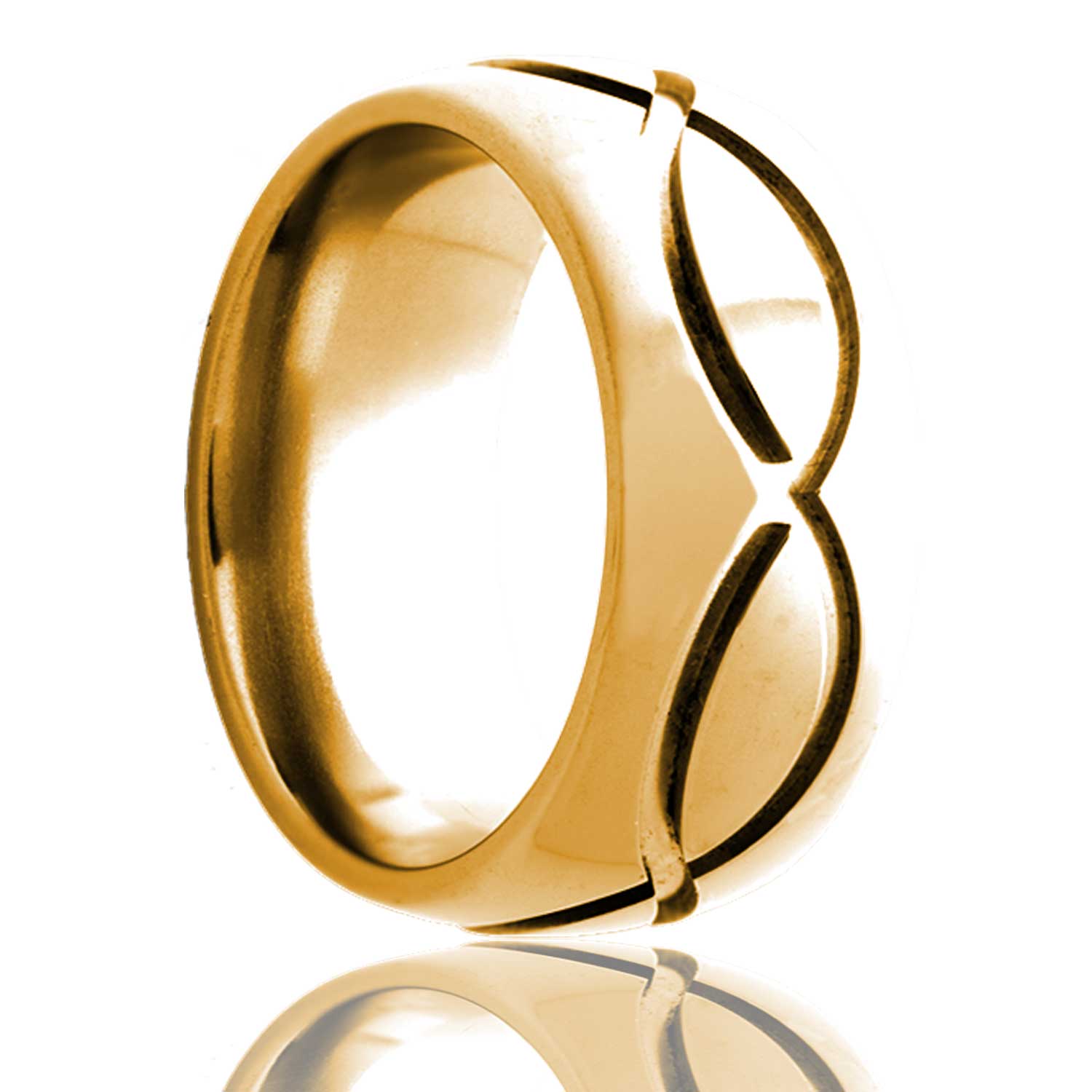 A infinity waves domed 14k gold wedding band displayed on a neutral white background.
