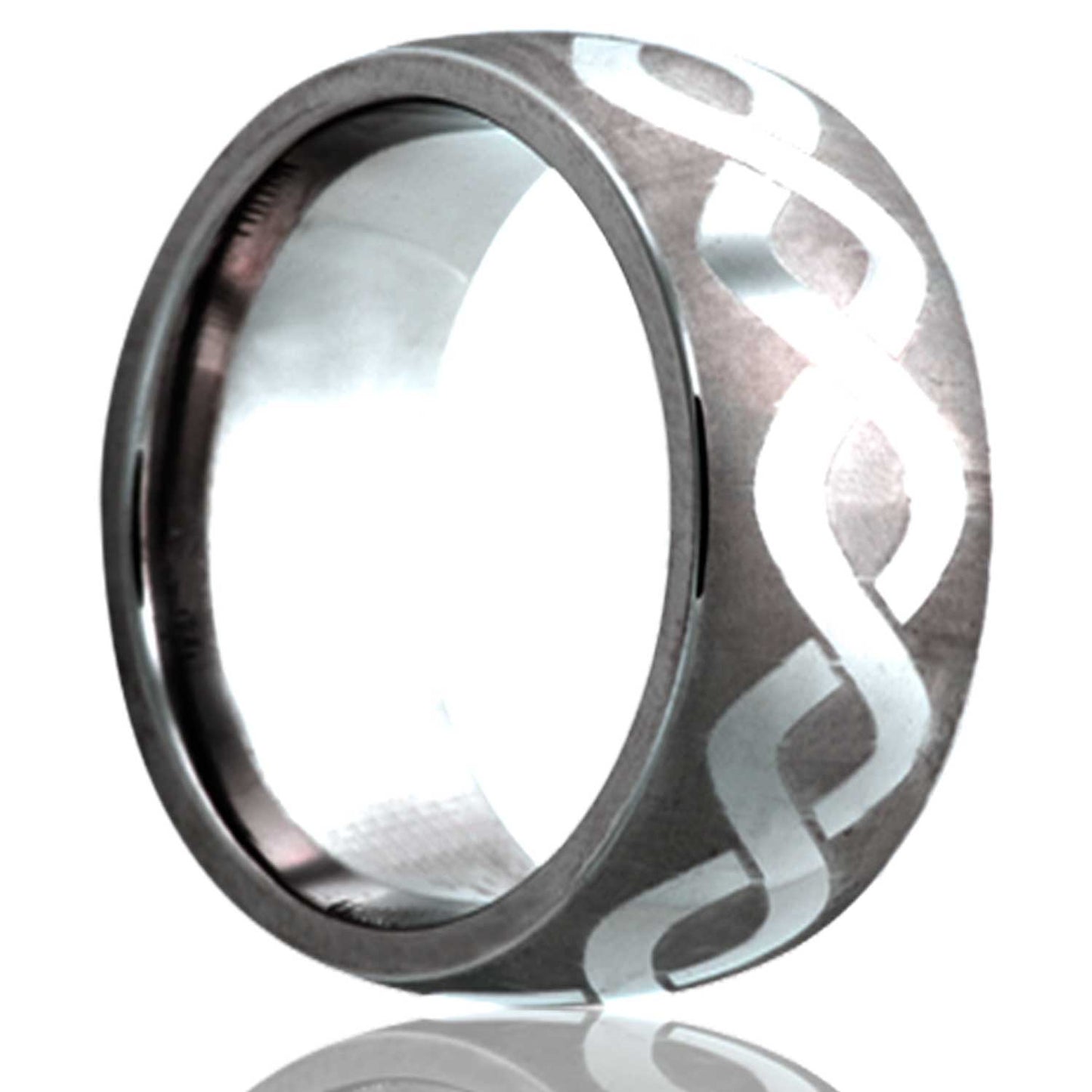 A infinity waves engraved domed cobalt wedding band displayed on a neutral white background.
