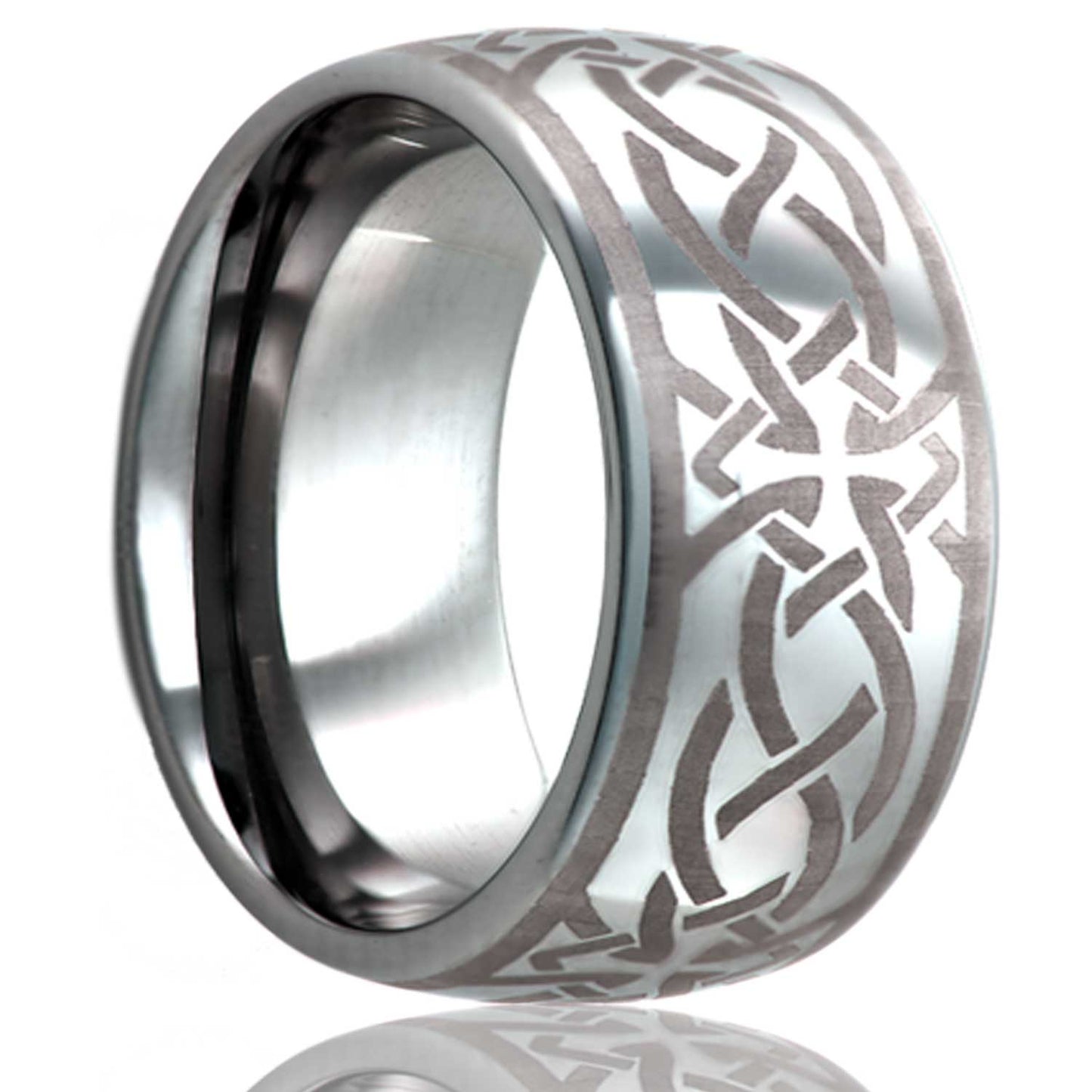 A celtic cross knot domed cobalt wedding band displayed on a neutral white background.
