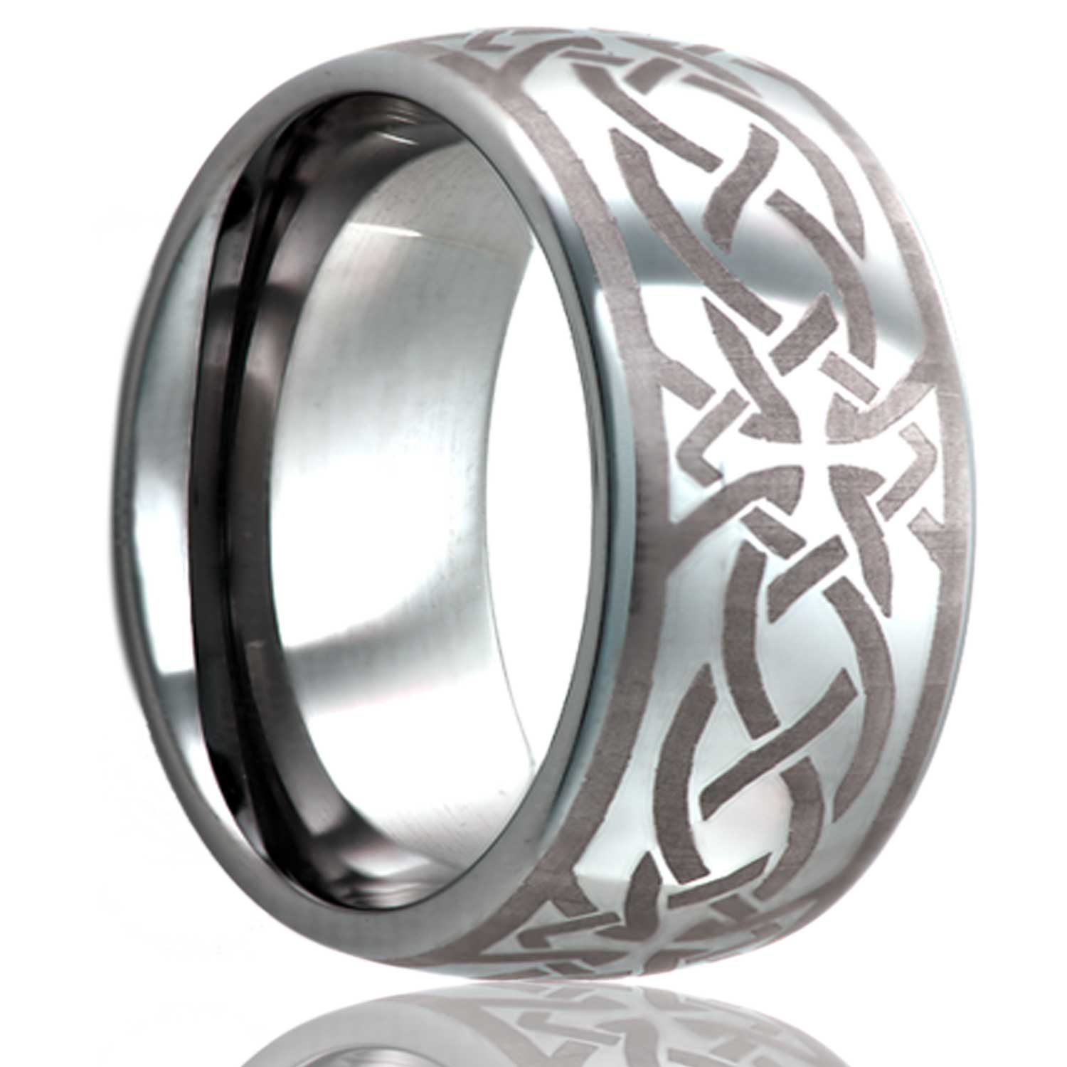 A celtic cross domed tungsten wedding band displayed on a neutral white background.