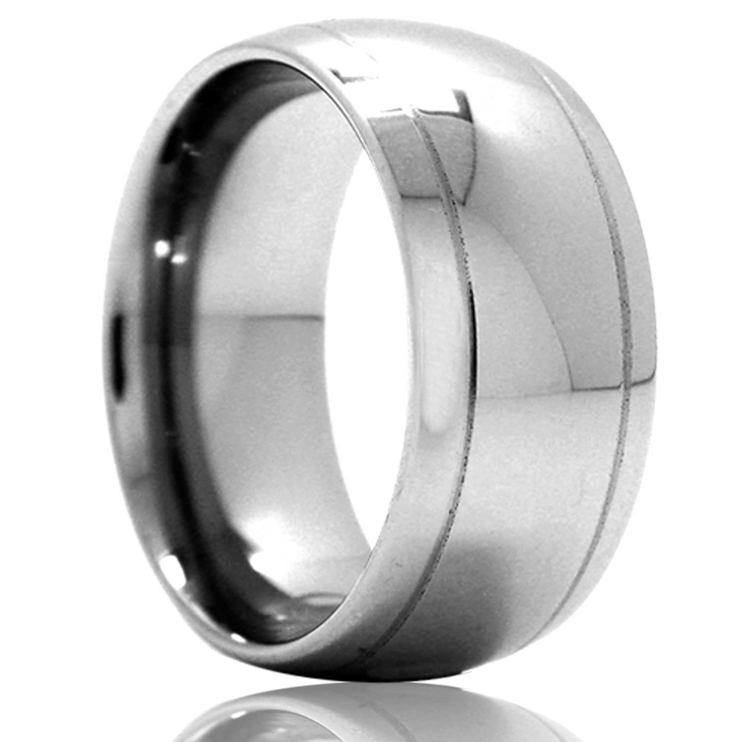 A domed tungsten wedding band with grooved edges displayed on a neutral white background.