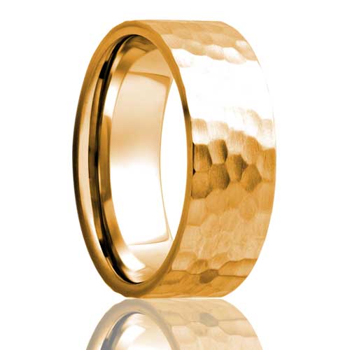 A hammered 10k gold wedding band displayed on a neutral white background.