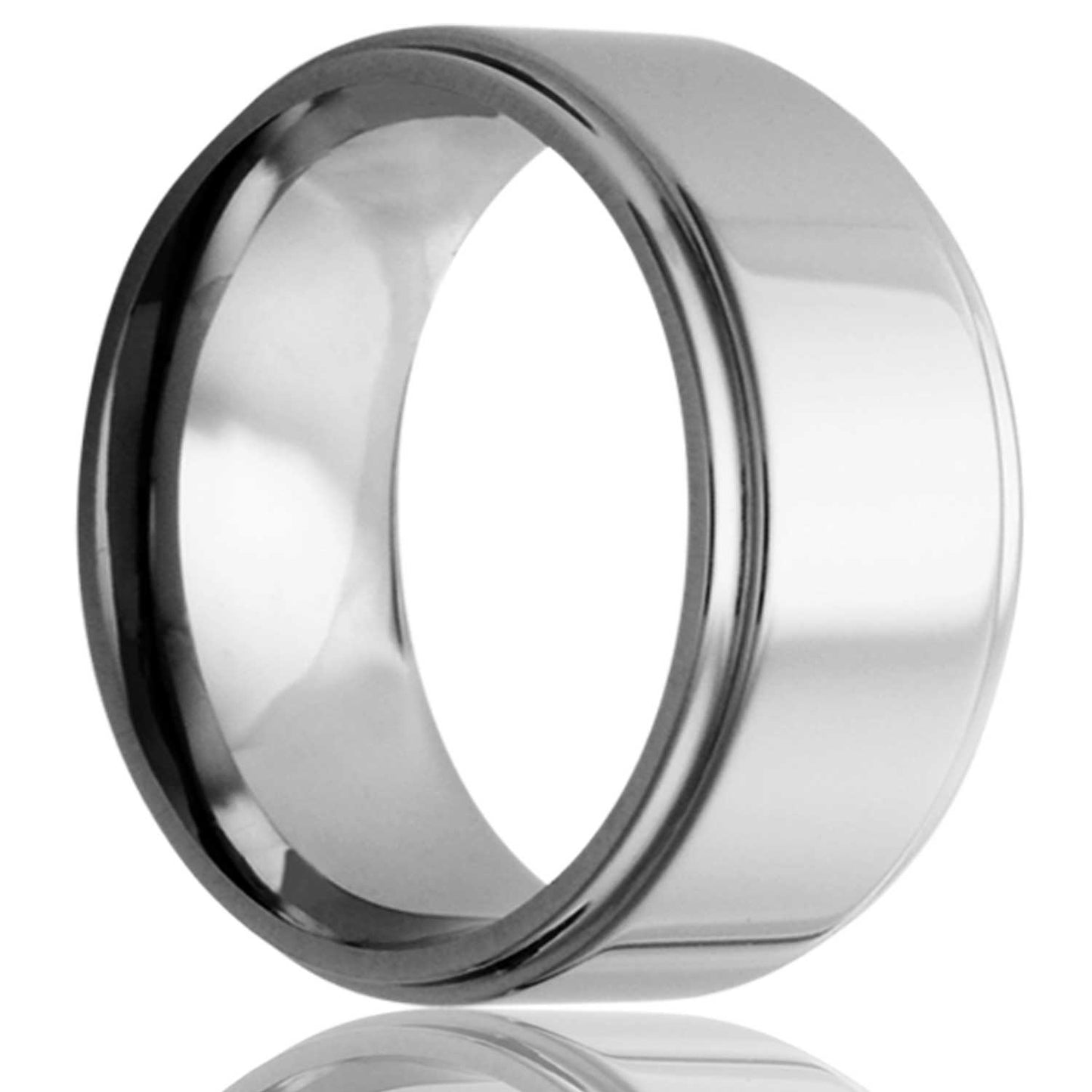 A cobalt wedding band with stepped edges displayed on a neutral white background.