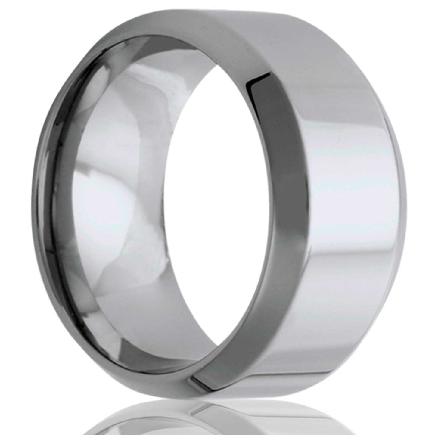 A cobalt wedding band with beveled edges displayed on a neutral white background.