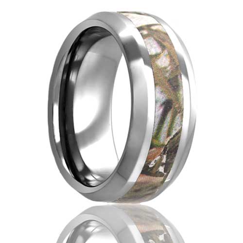 A leaf camo inlay tungsten men's wedding band with beveled edges displayed on a neutral white background.