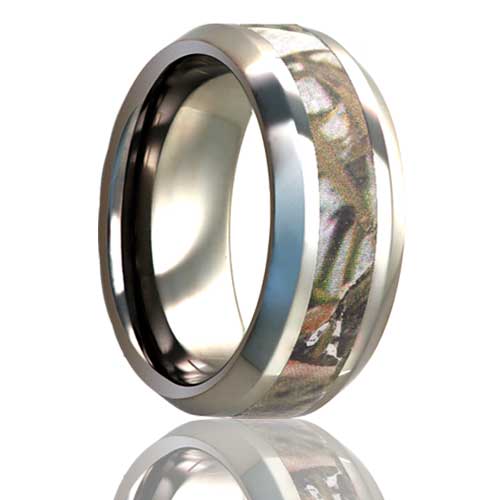 A leaf camo inlay titanium men's wedding band with beveled edges displayed on a neutral white background.