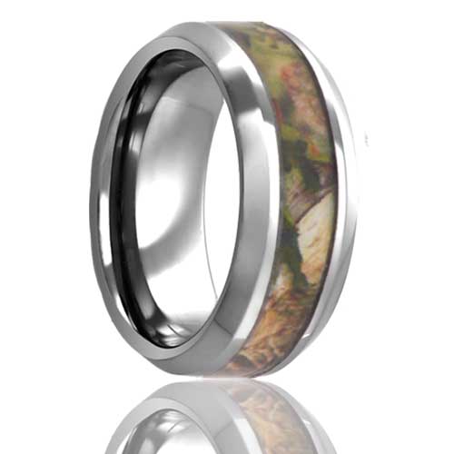 A forest camo inlay tungsten men's wedding band with beveled edges displayed on a neutral white background.