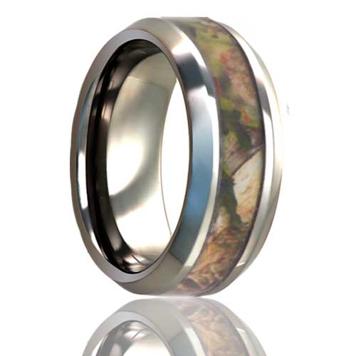 A forest camo inlay titanium men's wedding band with beveled edges displayed on a neutral white background.