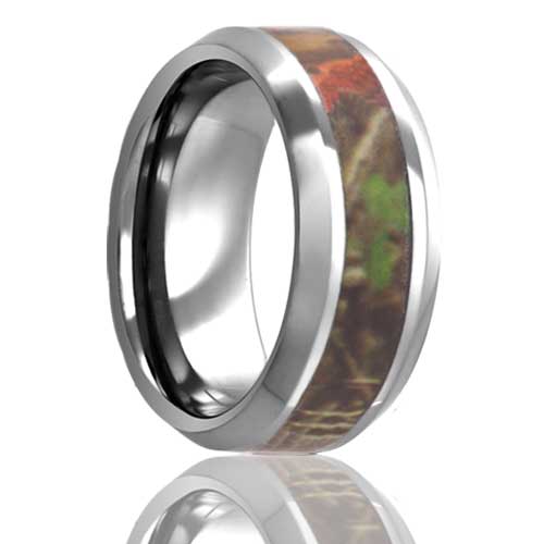 A tree camo inlay tungsten men's wedding band with beveled edges displayed on a neutral white background.