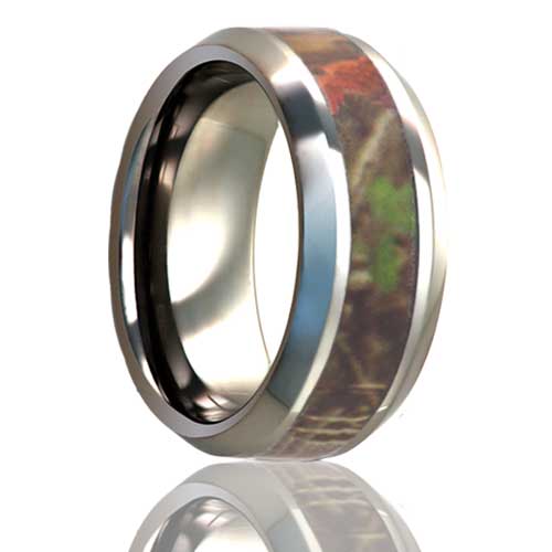 A tree camo inlay titanium men's wedding band with beveled edges displayed on a neutral white background.