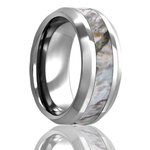 A light camo inlay tungsten men's wedding band with beveled edges displayed on a neutral white background.