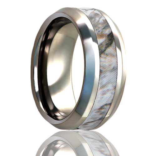 A light camo inlay titanium men's wedding band with beveled edges displayed on a neutral white background.