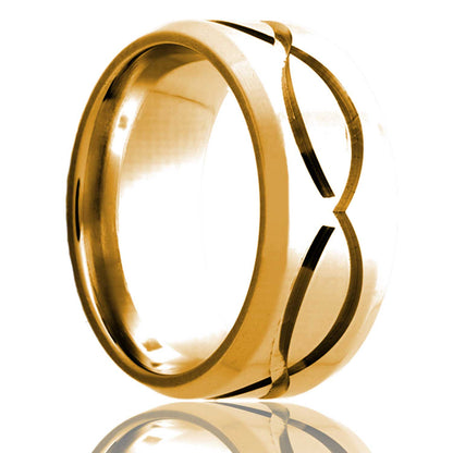 A 14k gold wedding band with infinity wave grooves & beveled edges displayed on a neutral white background.