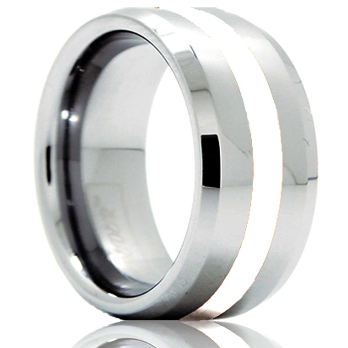 A argentium silver inlay cobalt wedding band with beveled edges displayed on a neutral white background.