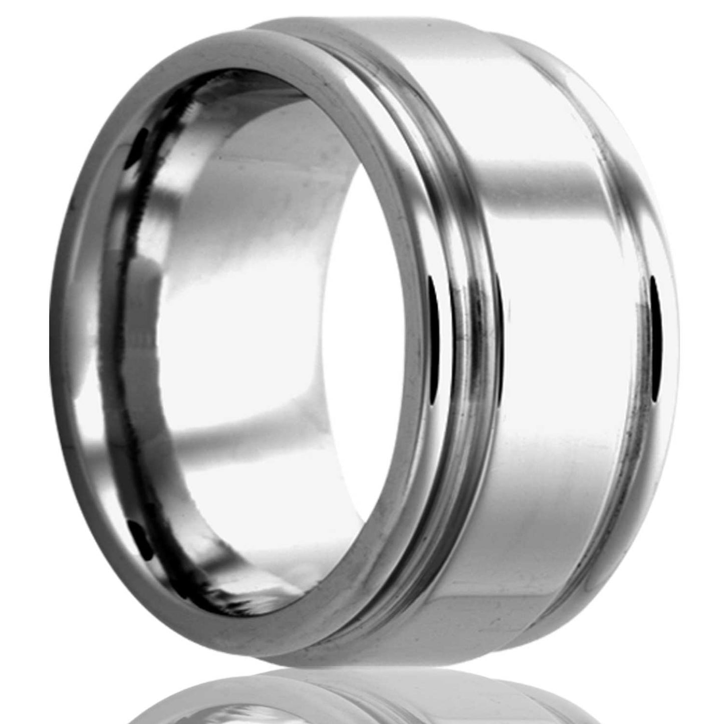 A tungsten wedding band with grooved edges displayed on a neutral white background.
