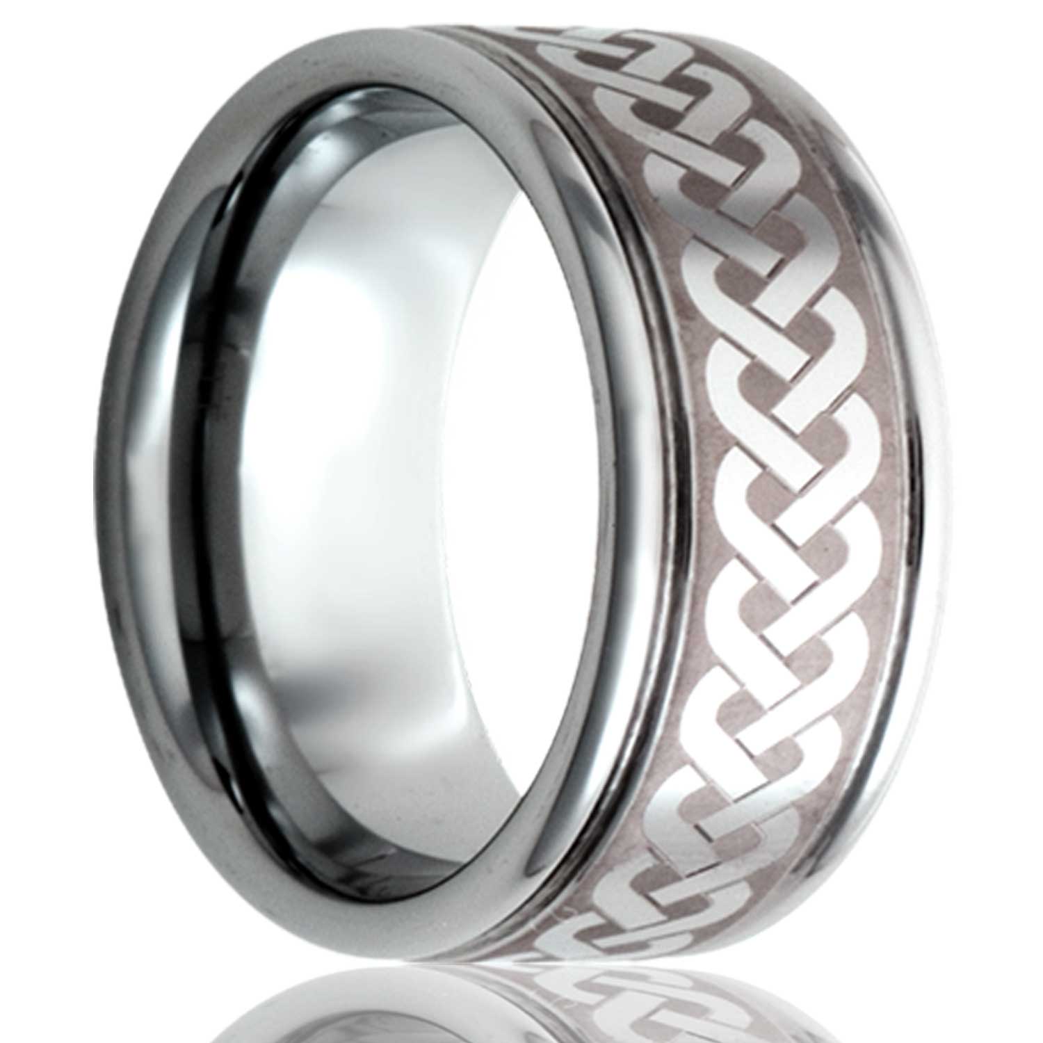 A sailor's celtic knot grooved tungsten wedding band displayed on a neutral white background.