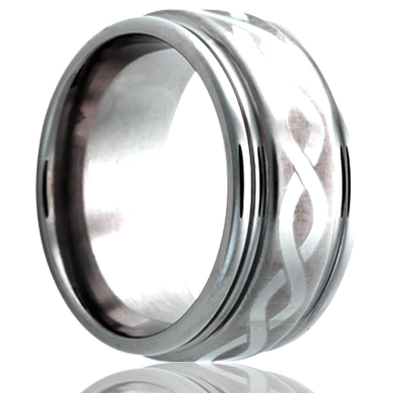 A infinity waves grooved tungsten wedding band displayed on a neutral white background.