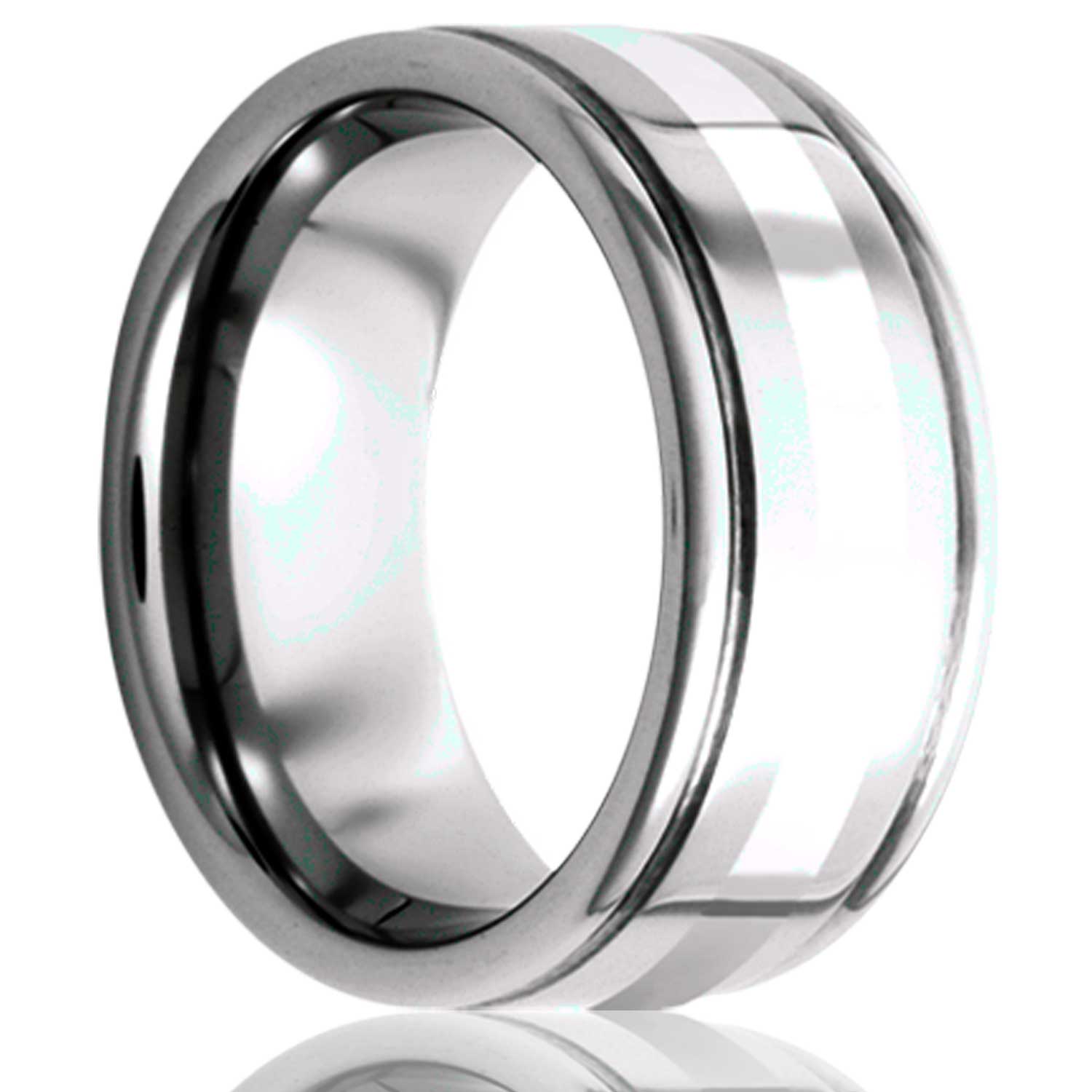 A argentium silver inlay tungsten wedding band with grooved edges displayed on a neutral white background.