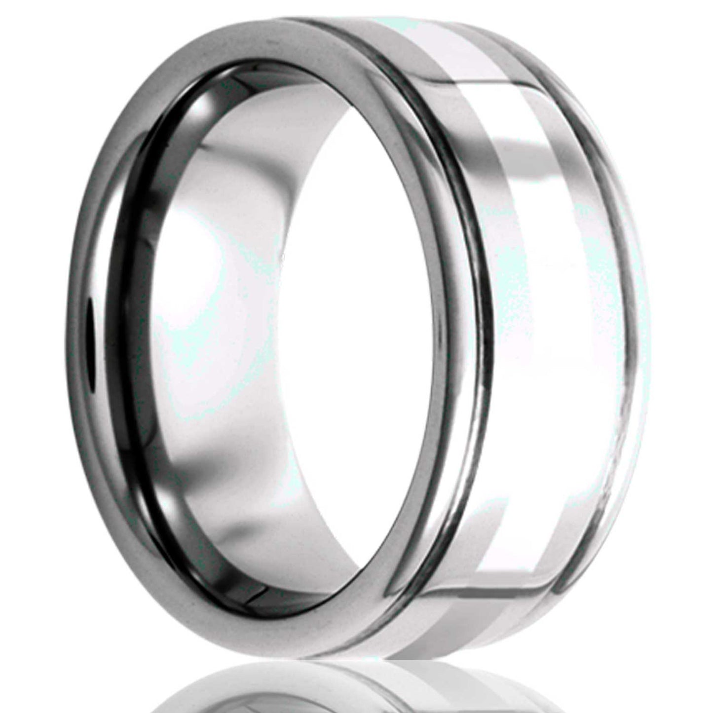 A argentium silver inlay cobalt wedding band with grooved edges displayed on a neutral white background.