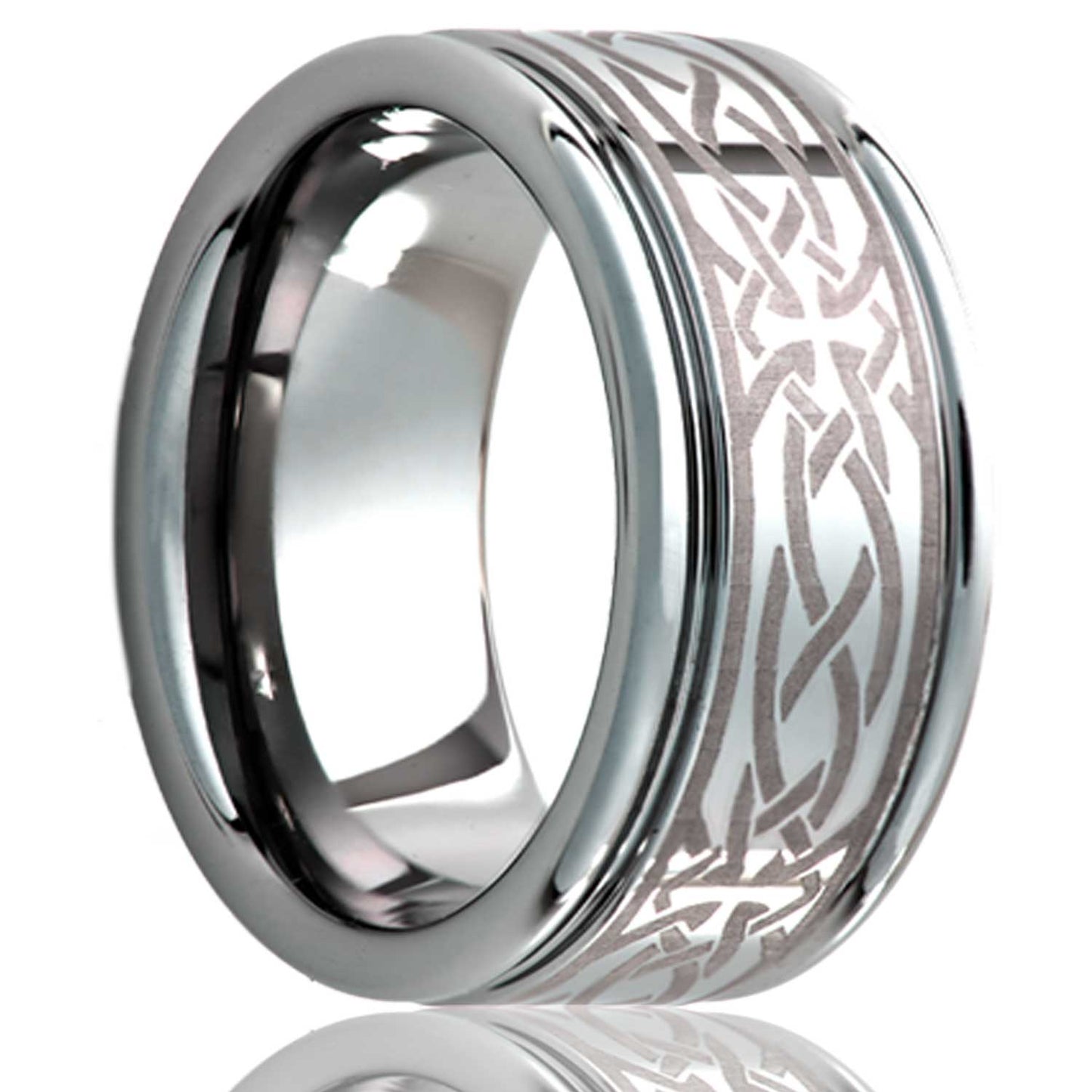 A celtic cross knot grooved cobalt wedding band displayed on a neutral white background.