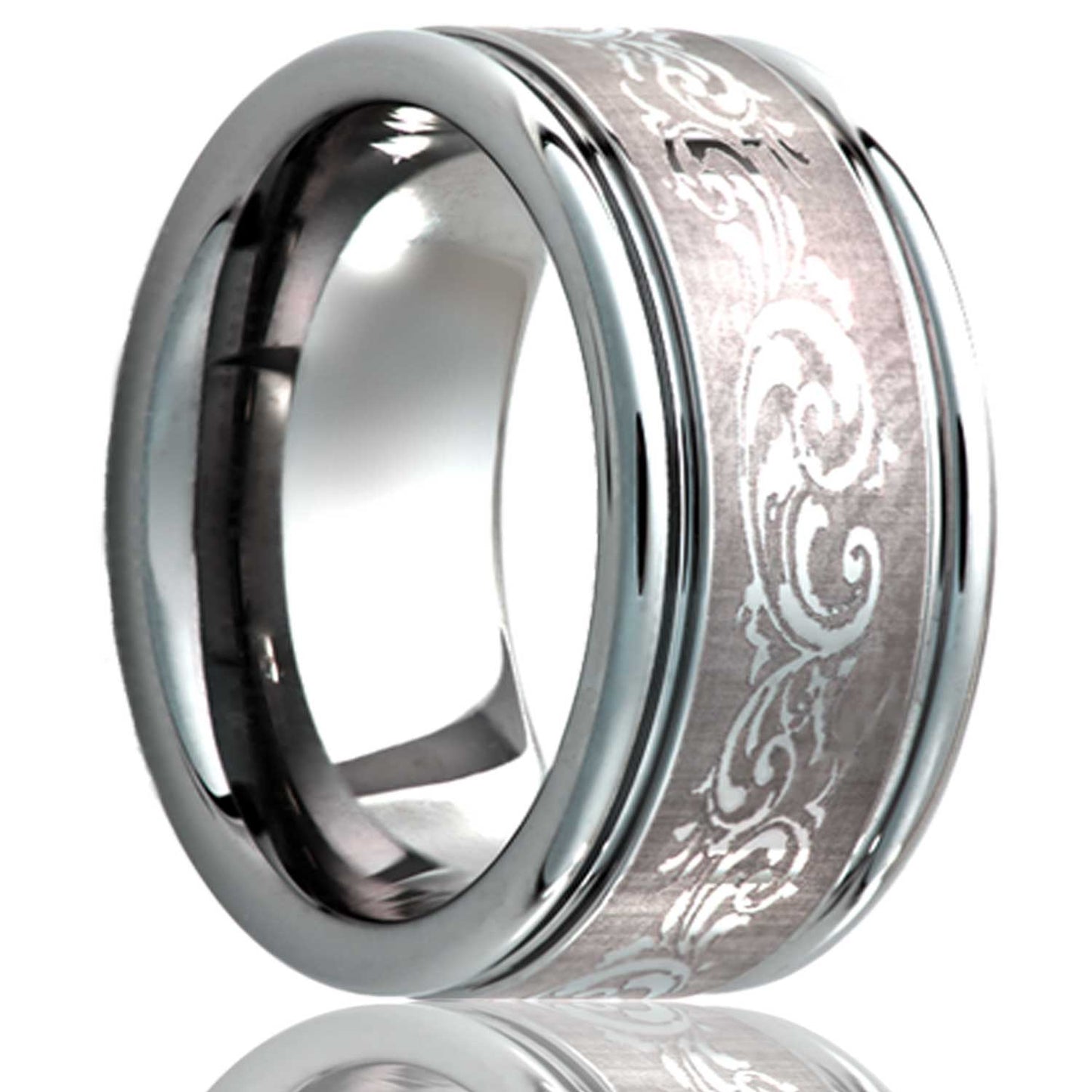 A swirl pattern grooved cobalt wedding band displayed on a neutral white background.