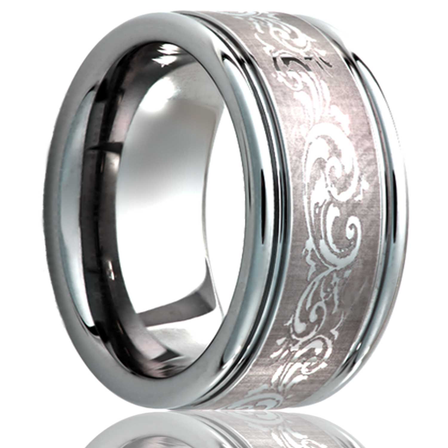 A swirl pattern grooved tungsten wedding band displayed on a neutral white background.