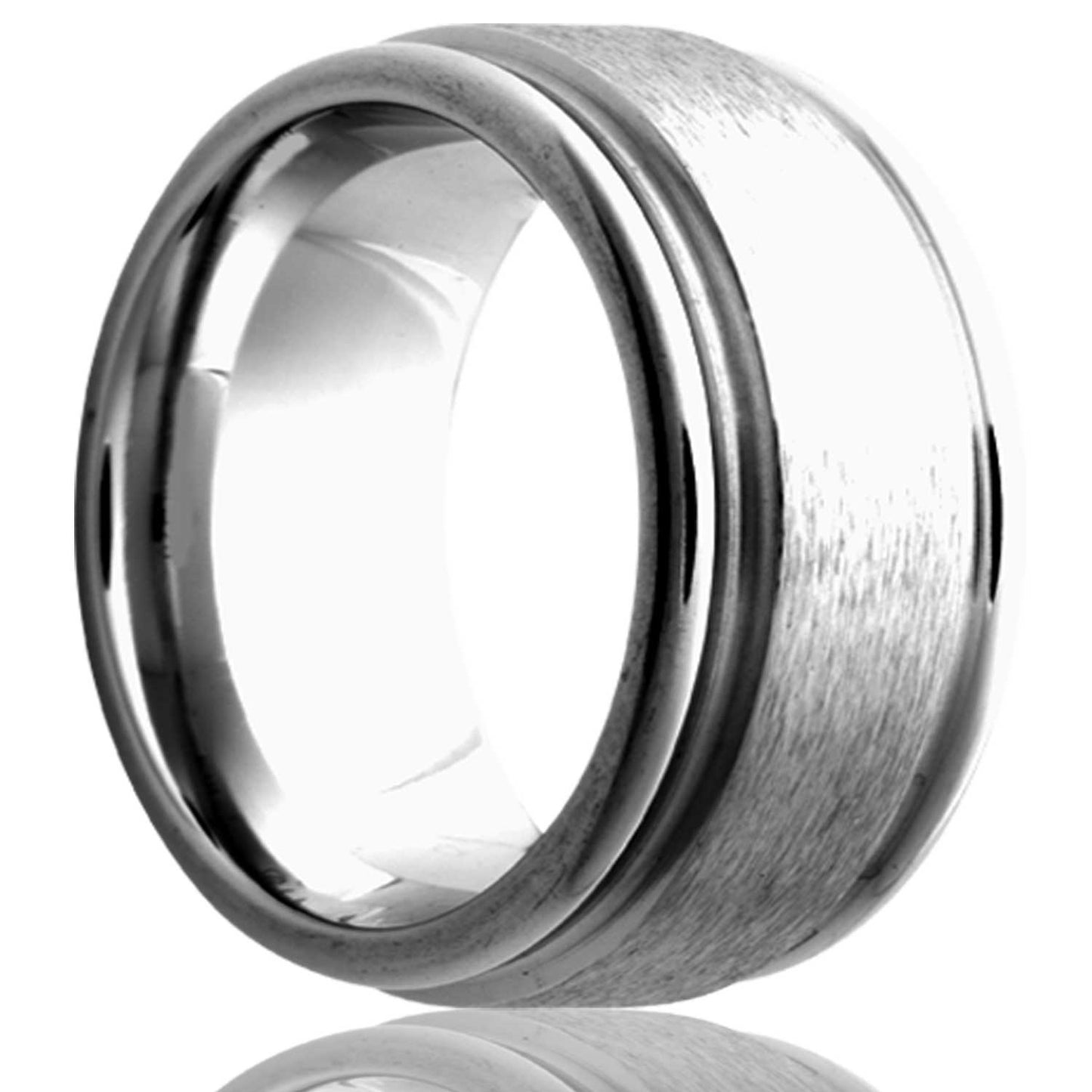 A satin finish cobalt wedding band with grooved edges displayed on a neutral white background.