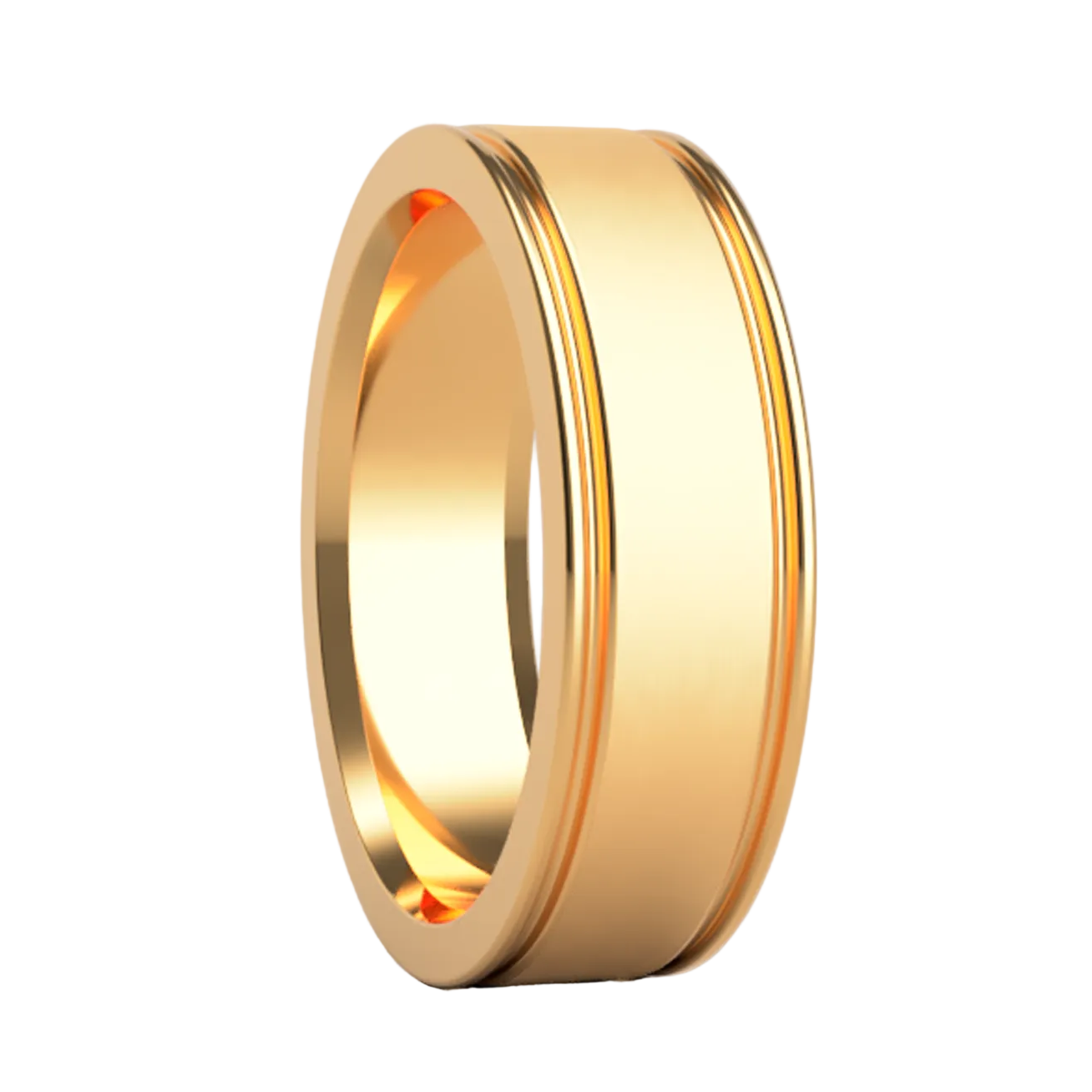A satin finish 18k gold wedding band with grooved edges displayed on a neutral white background.