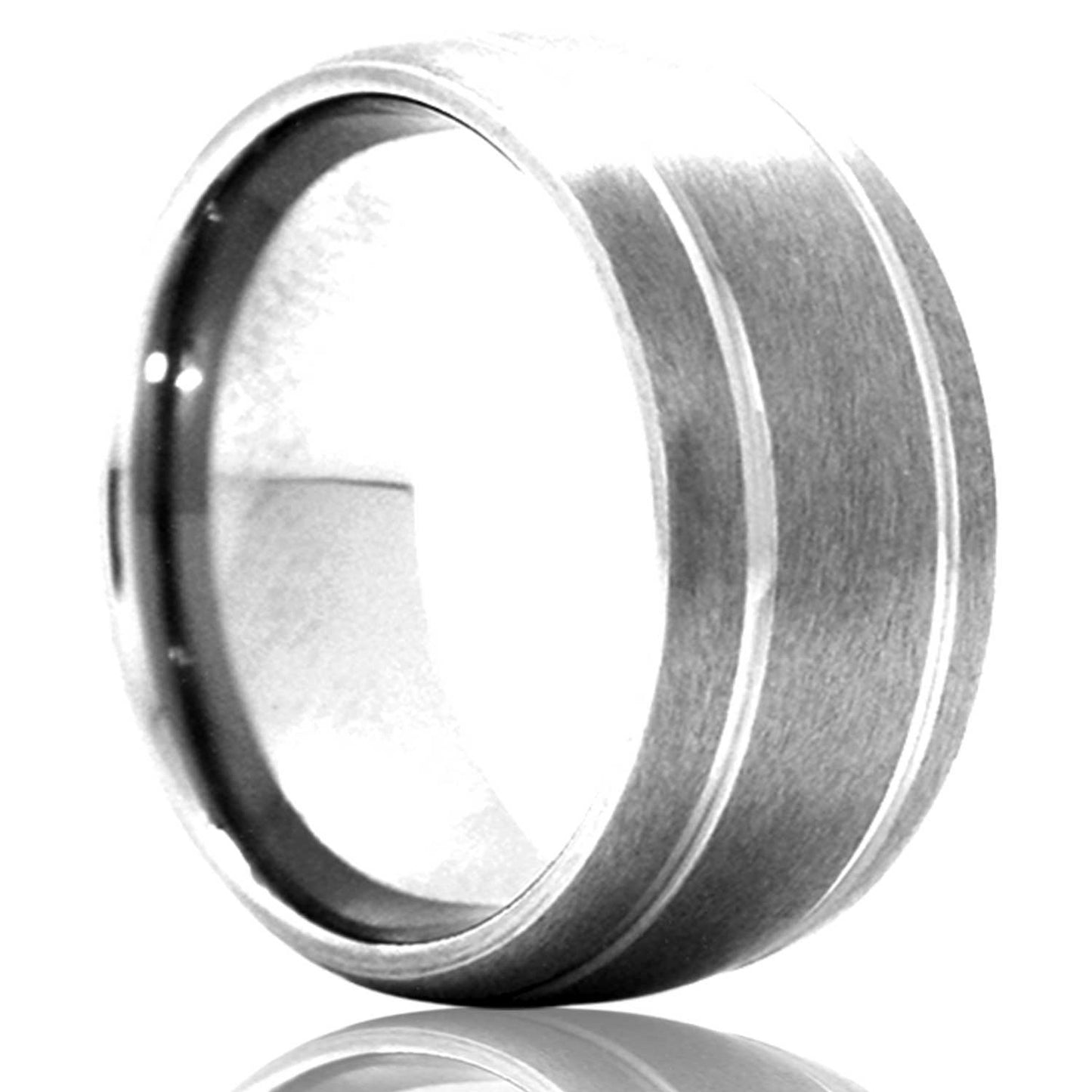 A domed satin finish cobalt wedding band with grooved edges displayed on a neutral white background.