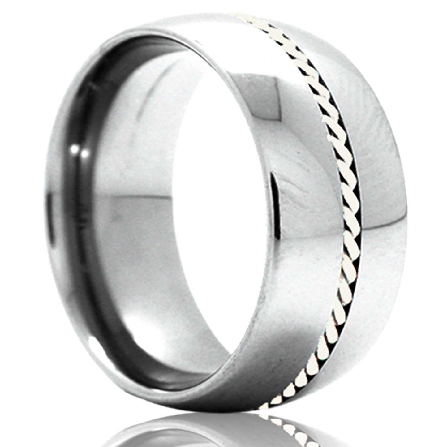 A woven argentium silver inlay domed tungsten wedding band displayed on a neutral white background.