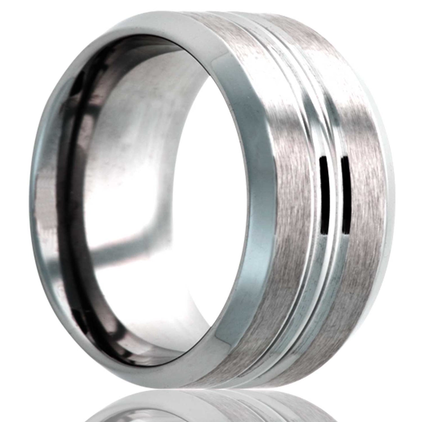 A satin finish grooved tungsten wedding band with beveled edges displayed on a neutral white background.