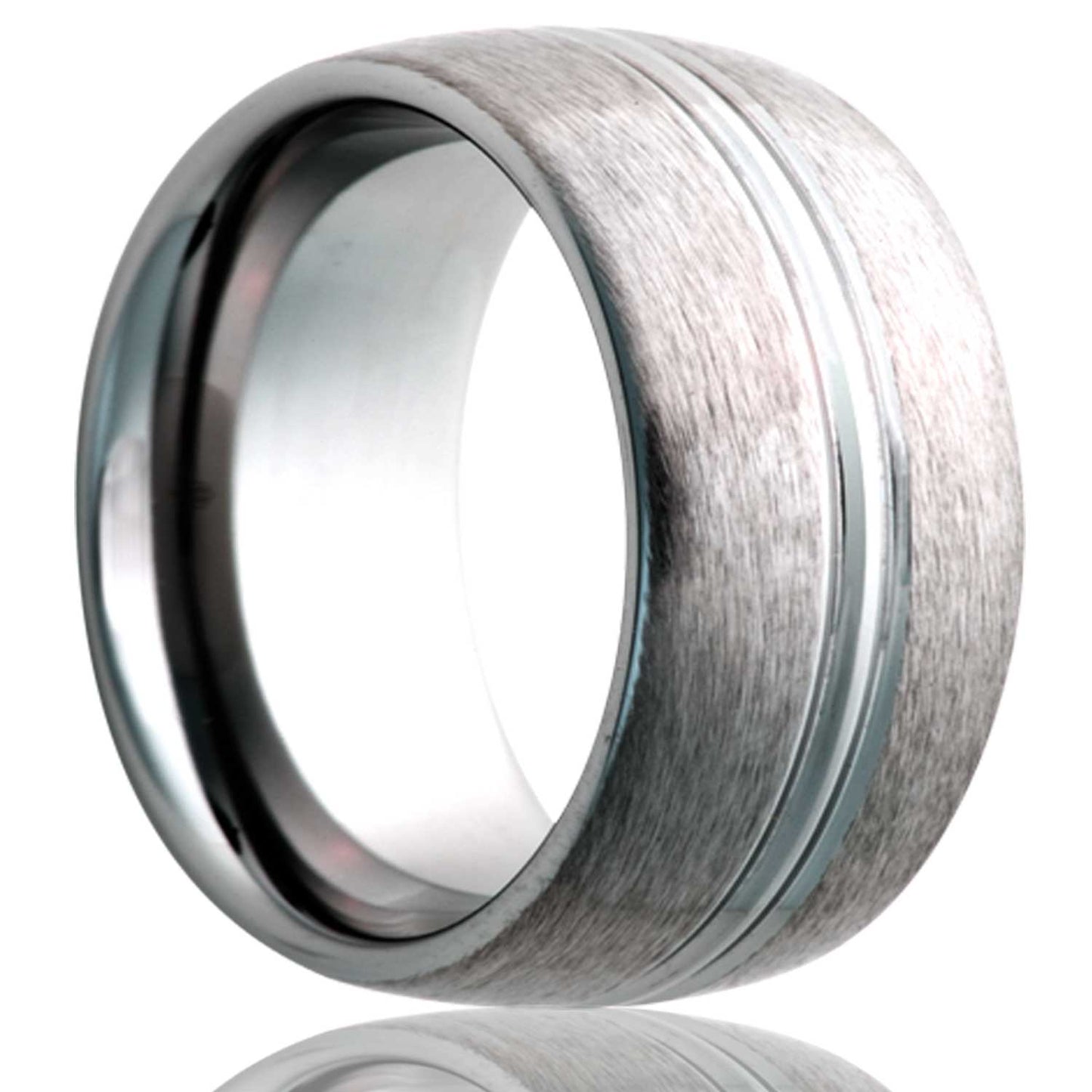 A domed satin finish tungsten wedding band with center groove displayed on a neutral white background.