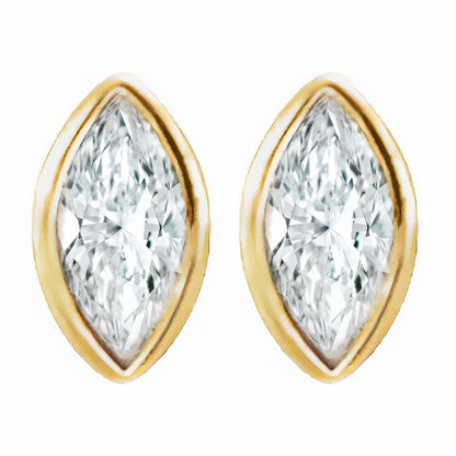 A 14k gold marquise diamond flat back earrings displayed on a neutral white background.