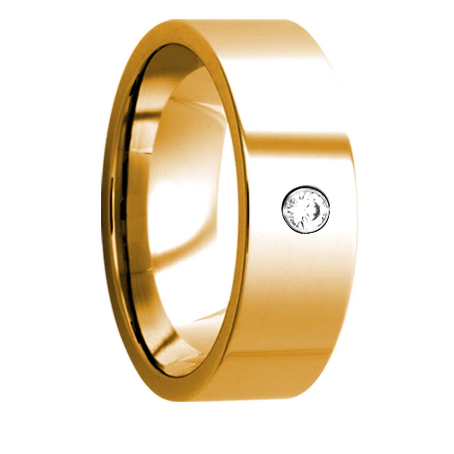 A 14k gold wedding band with diamond displayed on a neutral white background.