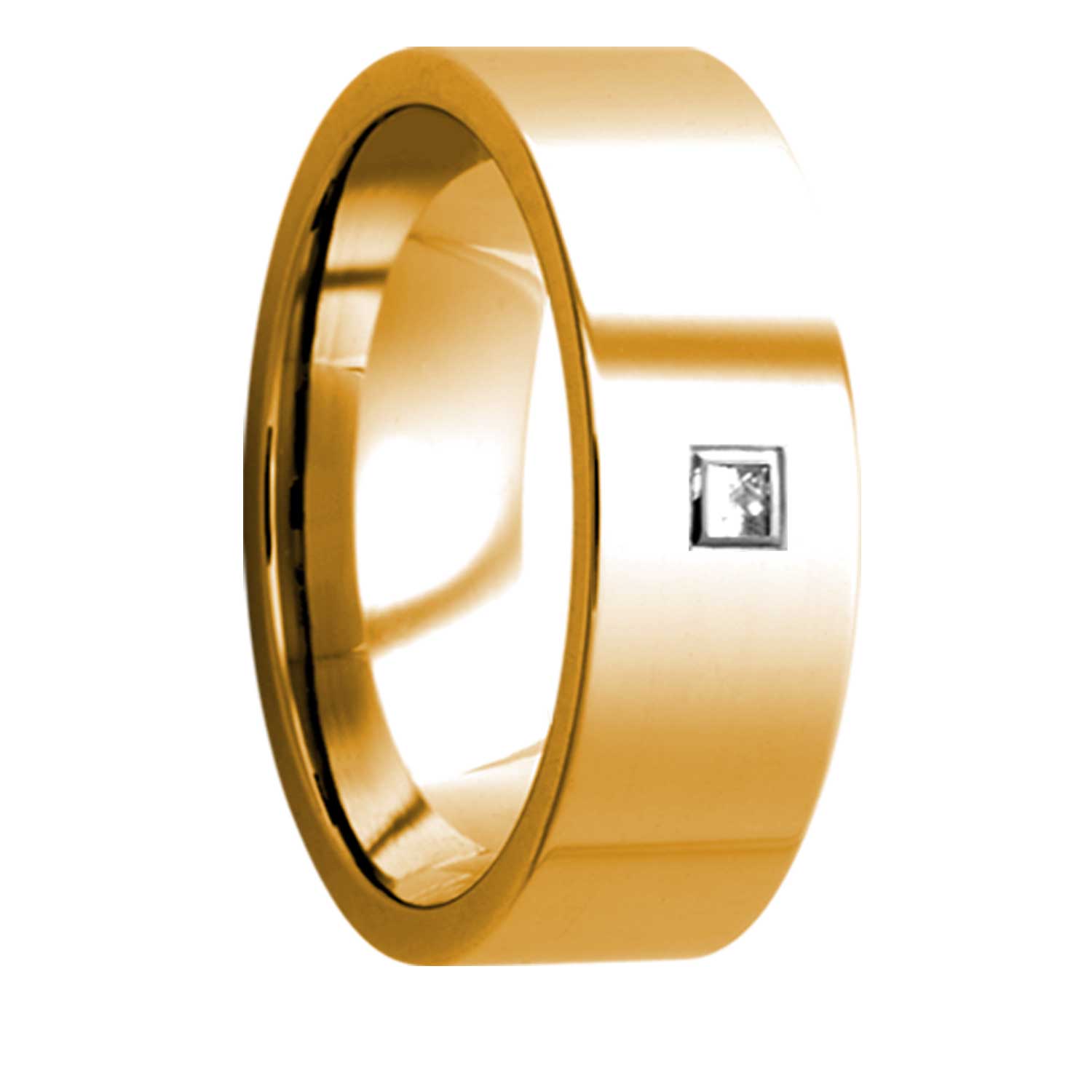 A 14k gold wedding band with square diamond displayed on a neutral white background.