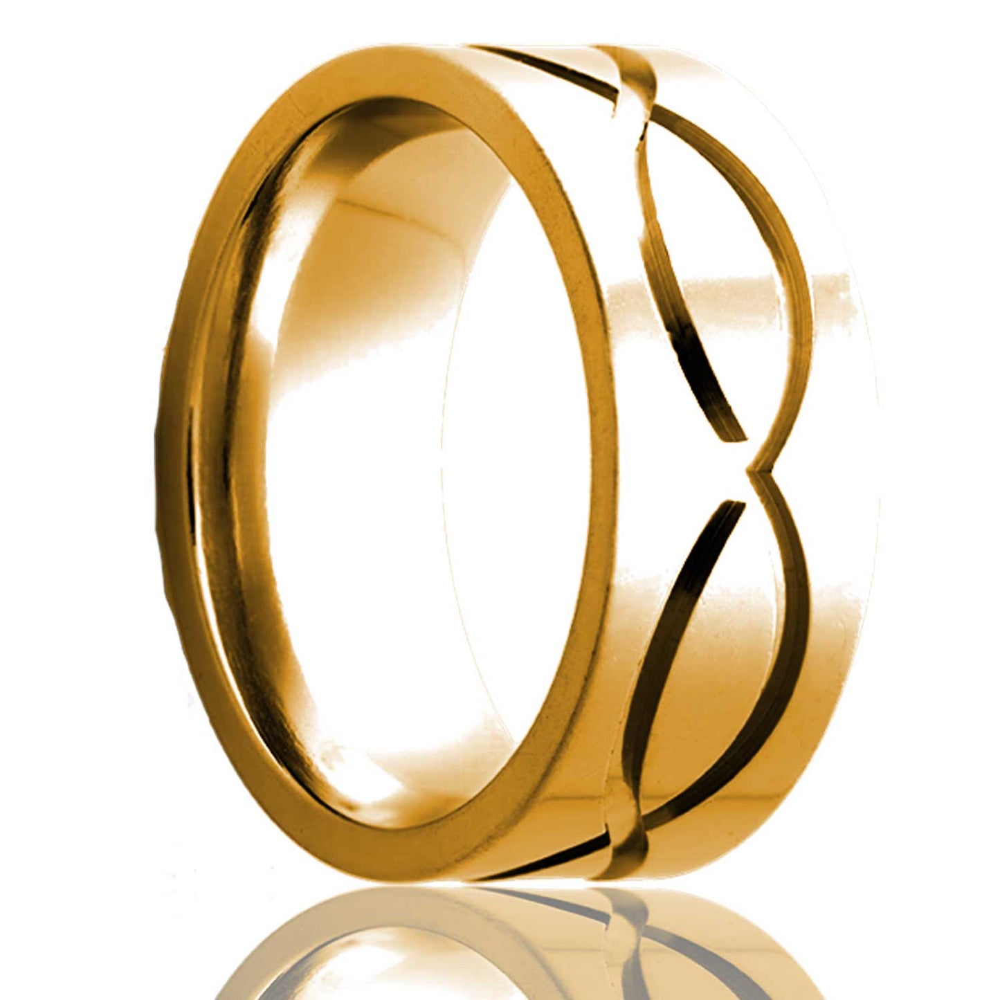 A 14k gold wedding band with infinity wave grooves displayed on a neutral white background.