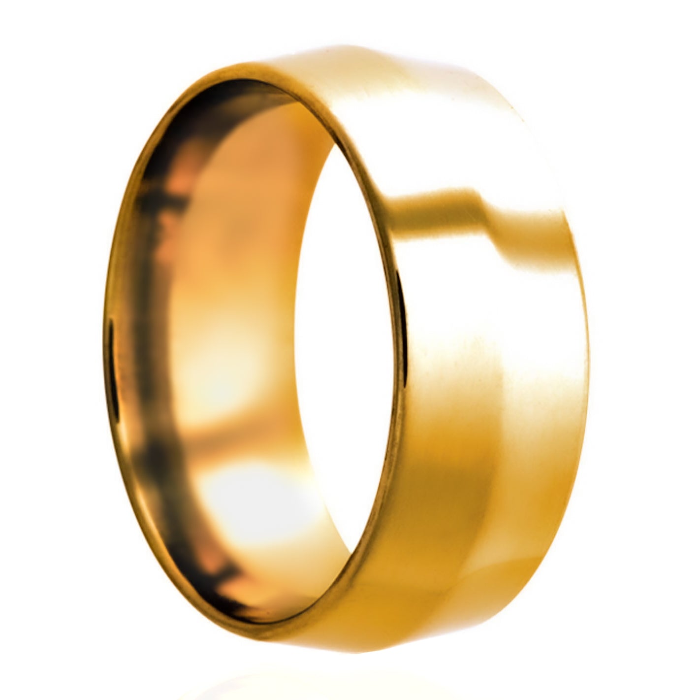 A 14k gold knife edge wedding band displayed on a neutral white background.