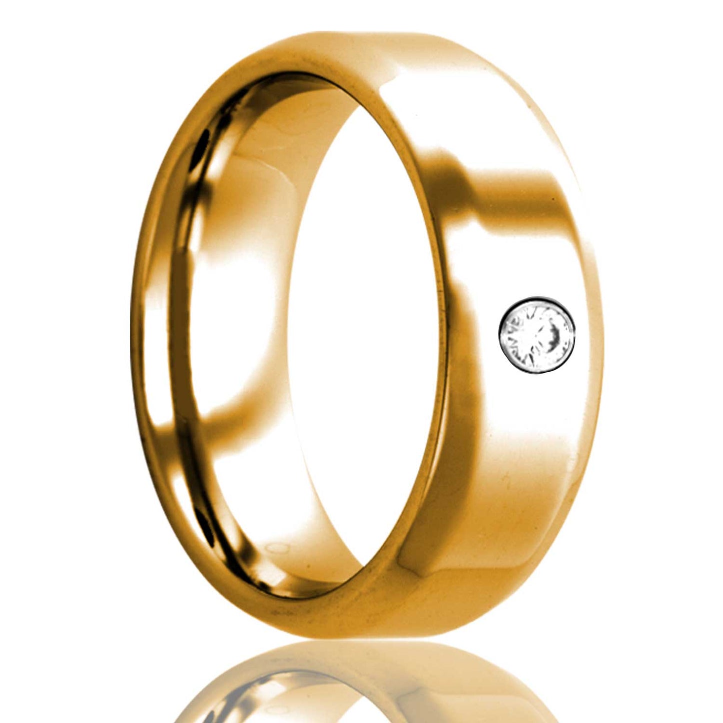 A 14k gold wedding band with diamond & beveled edges displayed on a neutral white background.